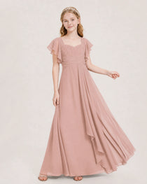 Dideyttawl Junior Bridesmaid Dress Sweetheart Neck Slit Chiffon Floor-Length Gown