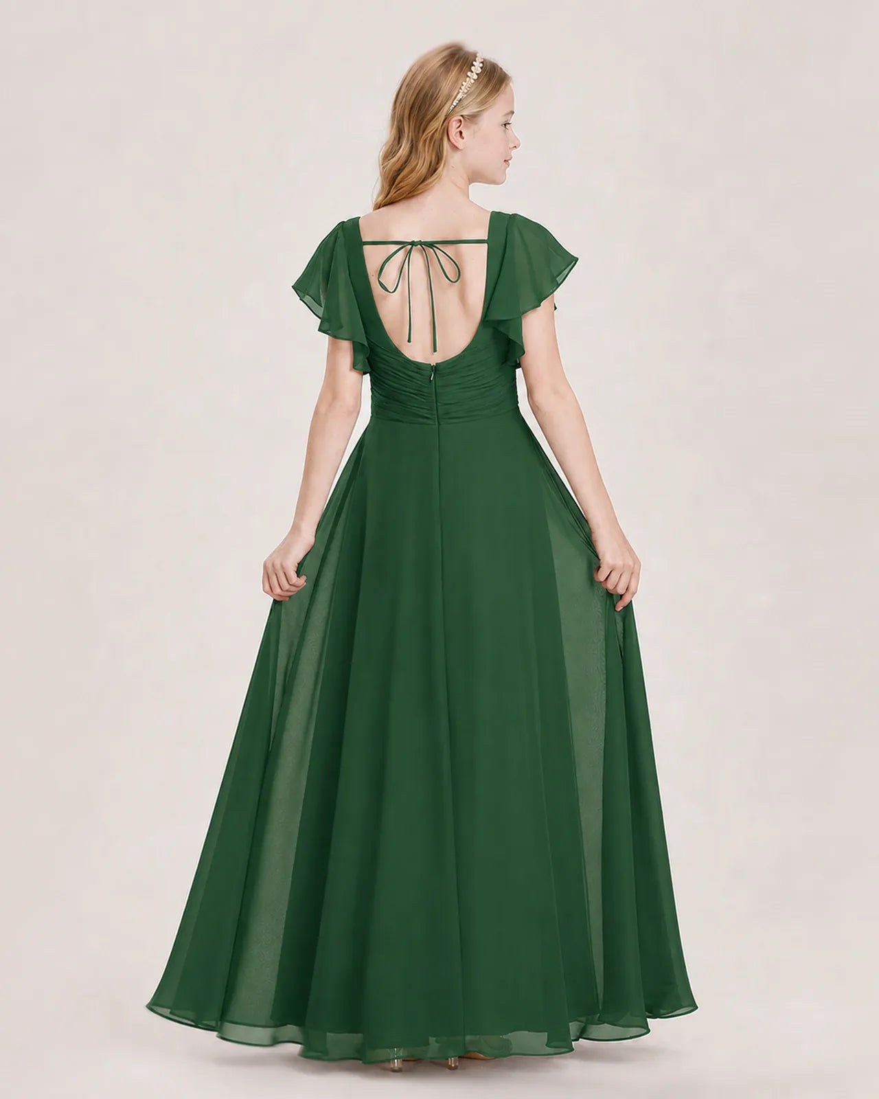 Emerald Green Chiffon A-Line Junior Bridesmaid Dress Back View