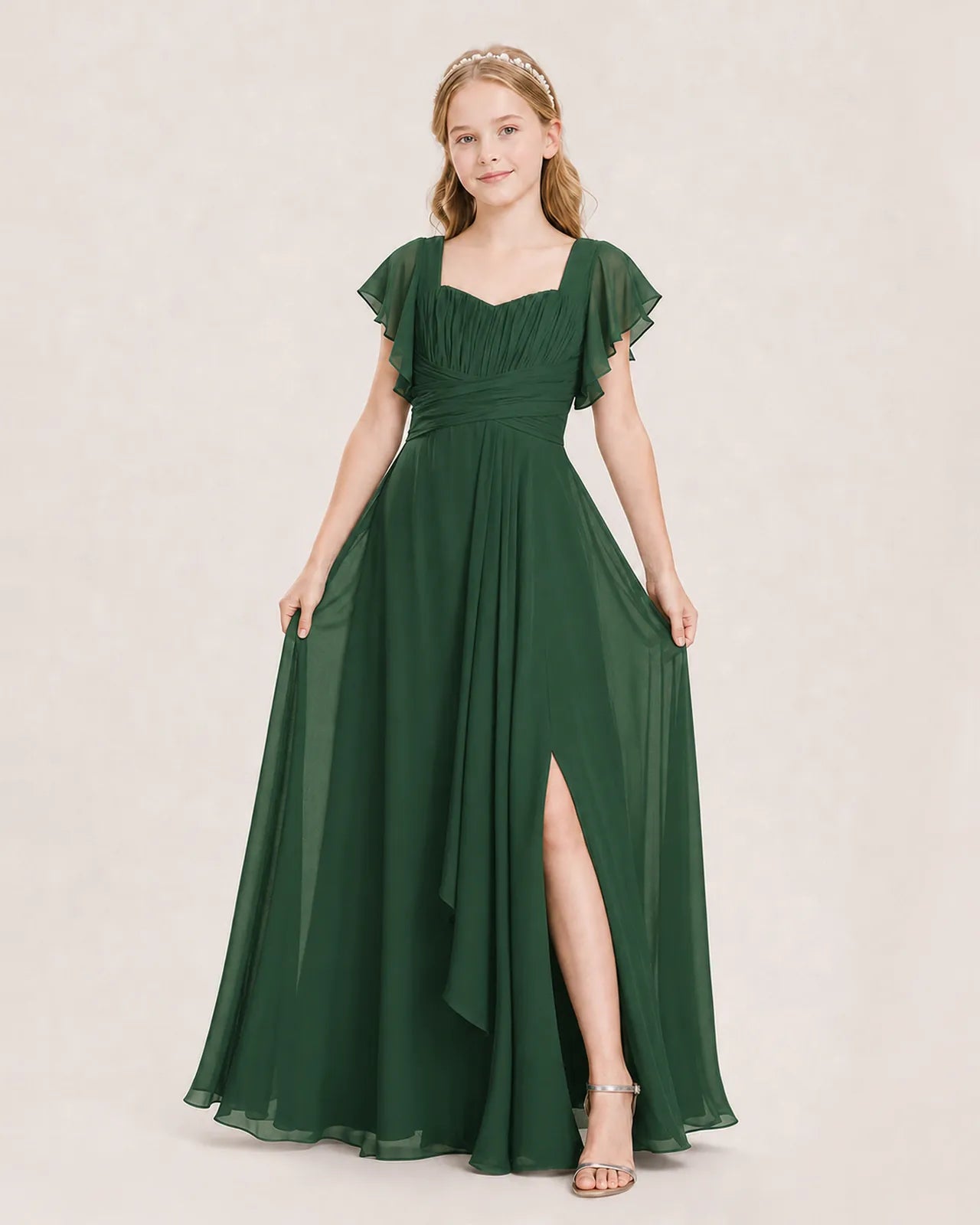 Emerald Green Chiffon A-Line Junior Bridesmaid Dress Front View
