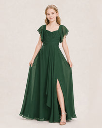 Dideyttawl Junior Bridesmaid Dress Sweetheart Neck Slit Chiffon Floor-Length Gown