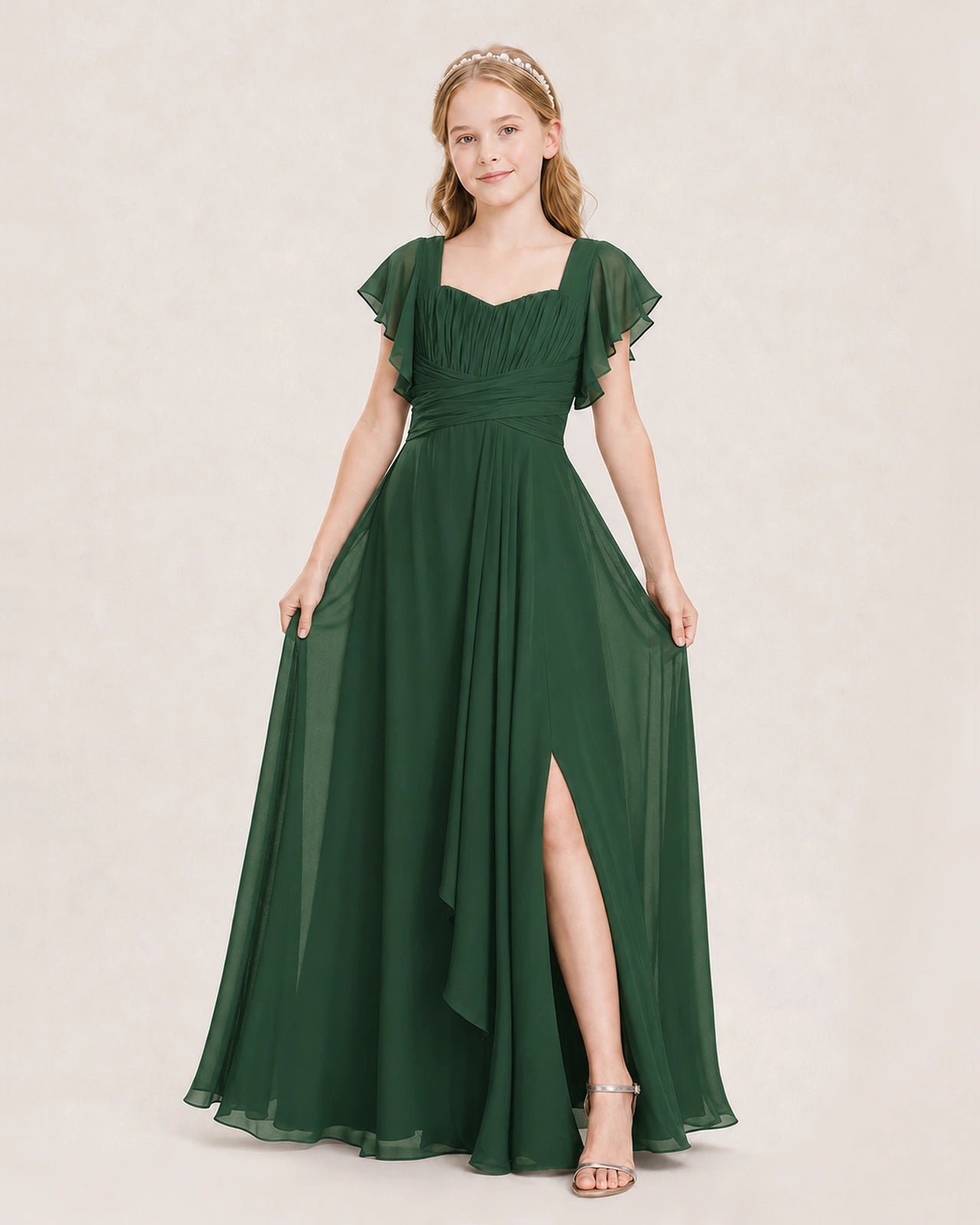 Dideyttawl Junior Bridesmaid Dress Sweetheart Neck Slit Chiffon Floor-Length Gown