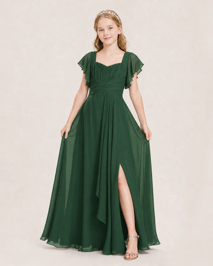 Emerald Green Chiffon A-Line Junior Bridesmaid Dress Front View