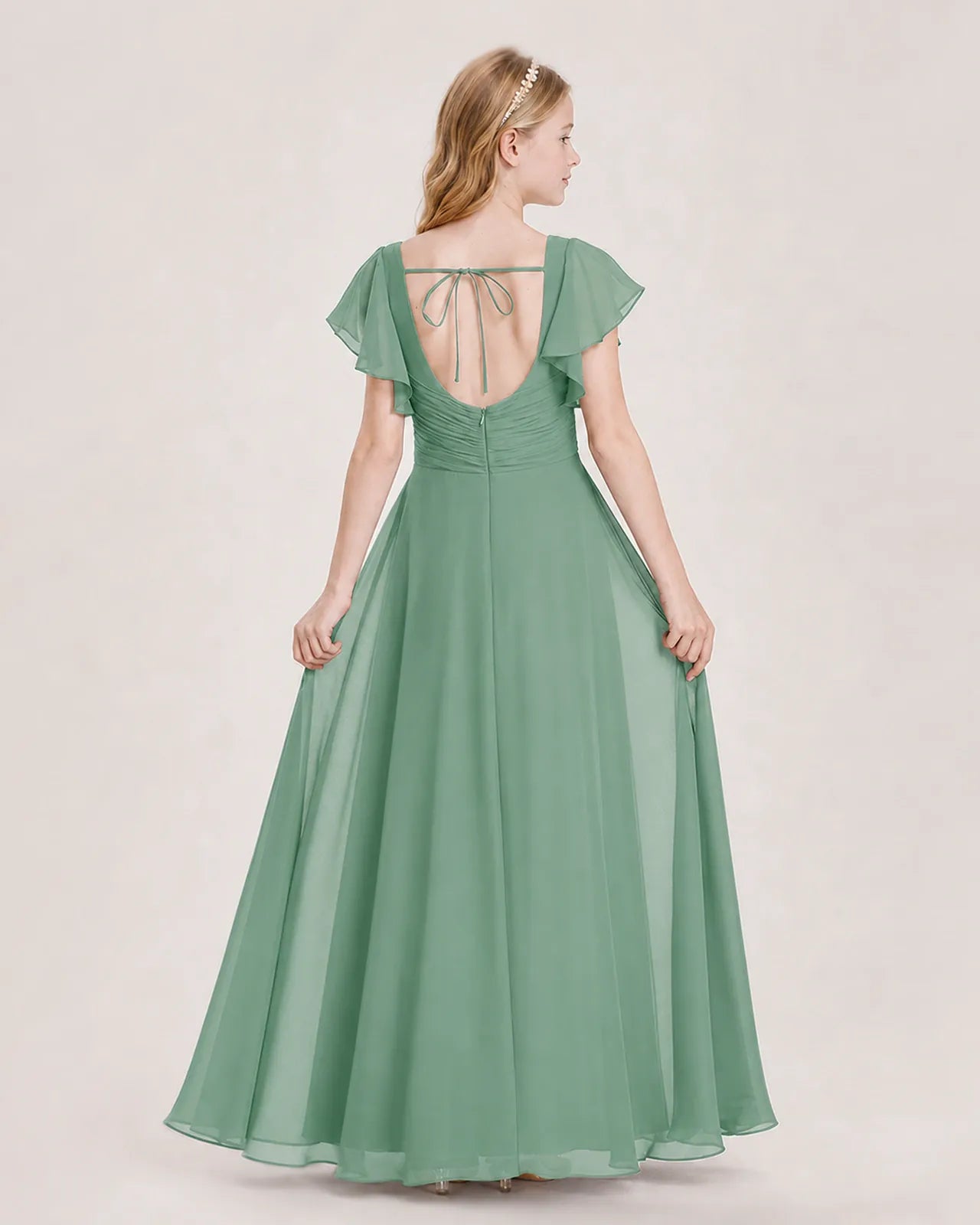 Eucalyptus Chiffon A-Line Junior Bridesmaid Dress Back View