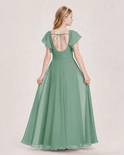 Eucalyptus Chiffon A-Line Junior Bridesmaid Dress Back View