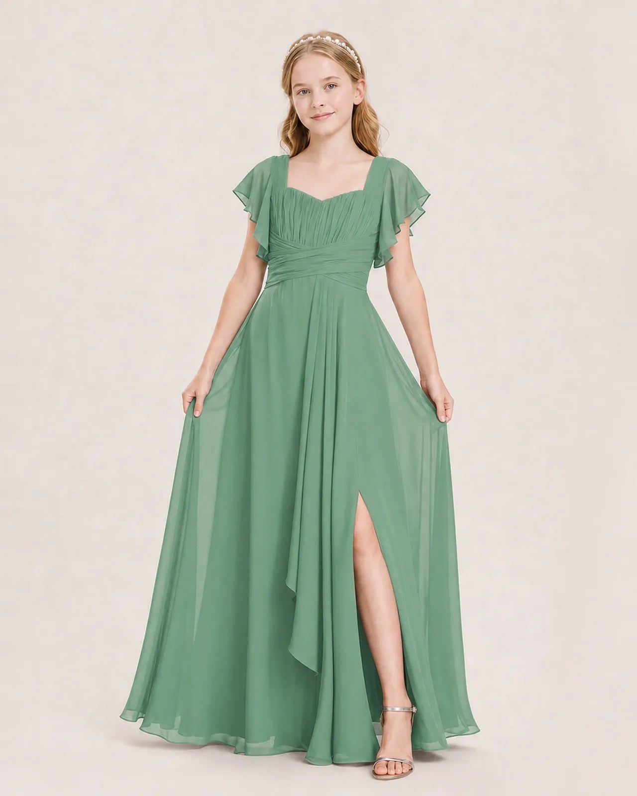 Eucalyptus Chiffon A-Line Junior Bridesmaid Dress Front View