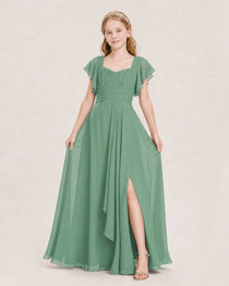 Dideyttawl Junior Bridesmaid Dress Sweetheart Neck Slit Chiffon Floor-Length Gown