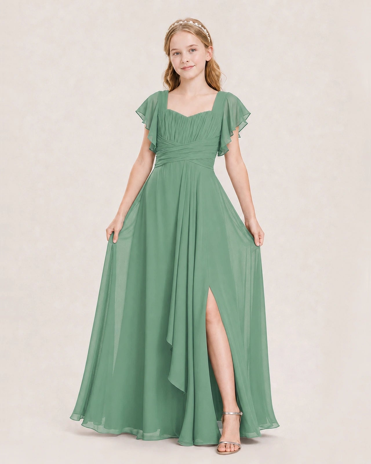 Dideyttawl Junior Bridesmaid Dress Sweetheart Neck Slit Chiffon Floor-Length Gown