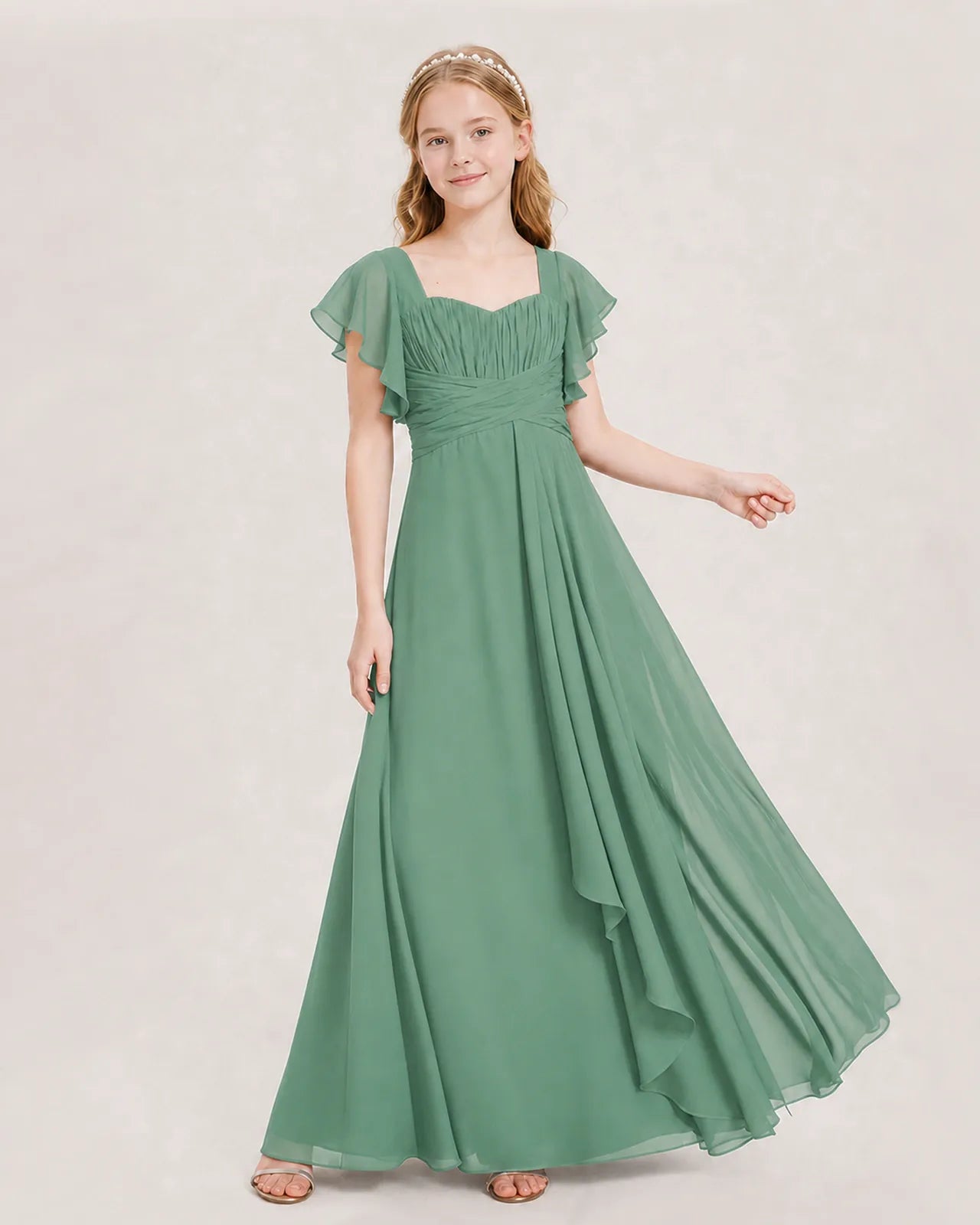 Eucalyptus Chiffon A-line Junior Bridesmaid Dress Front View