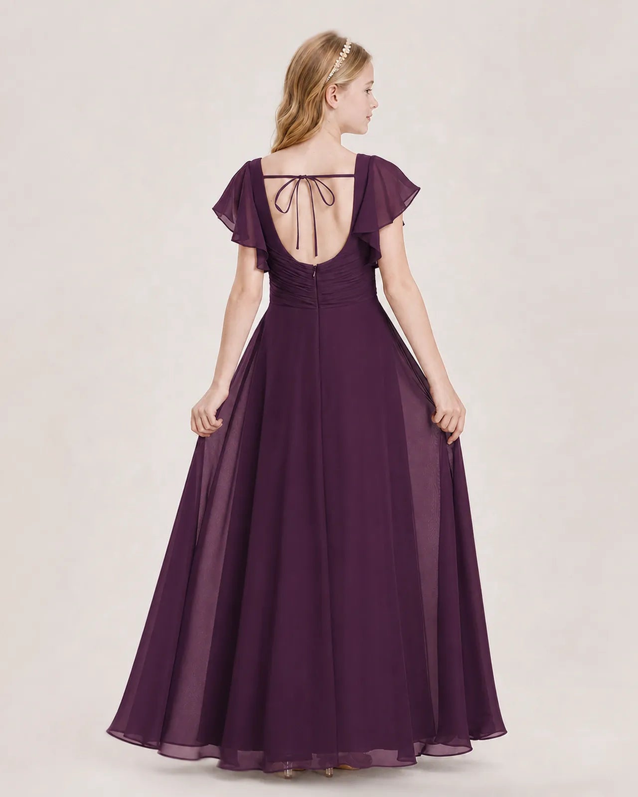 Grape Chiffon A-Line Junior Bridesmaid Dress Back View