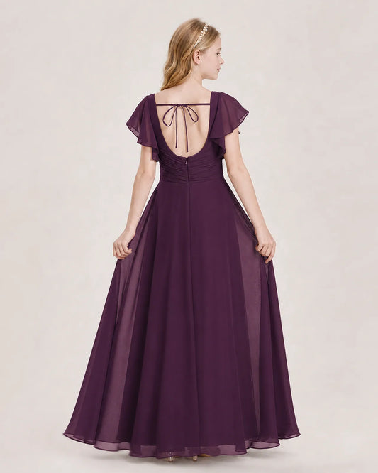 Grape Chiffon A-Line Junior Bridesmaid Dress Back View