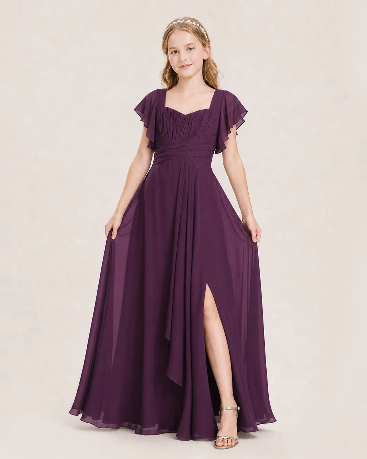 Grape Chiffon A-Line Junior Bridesmaid Dress Front View