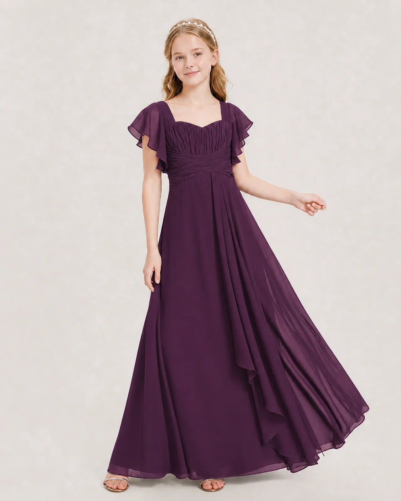 Grape Chiffon A-line Junior Bridesmaid Dress Front View