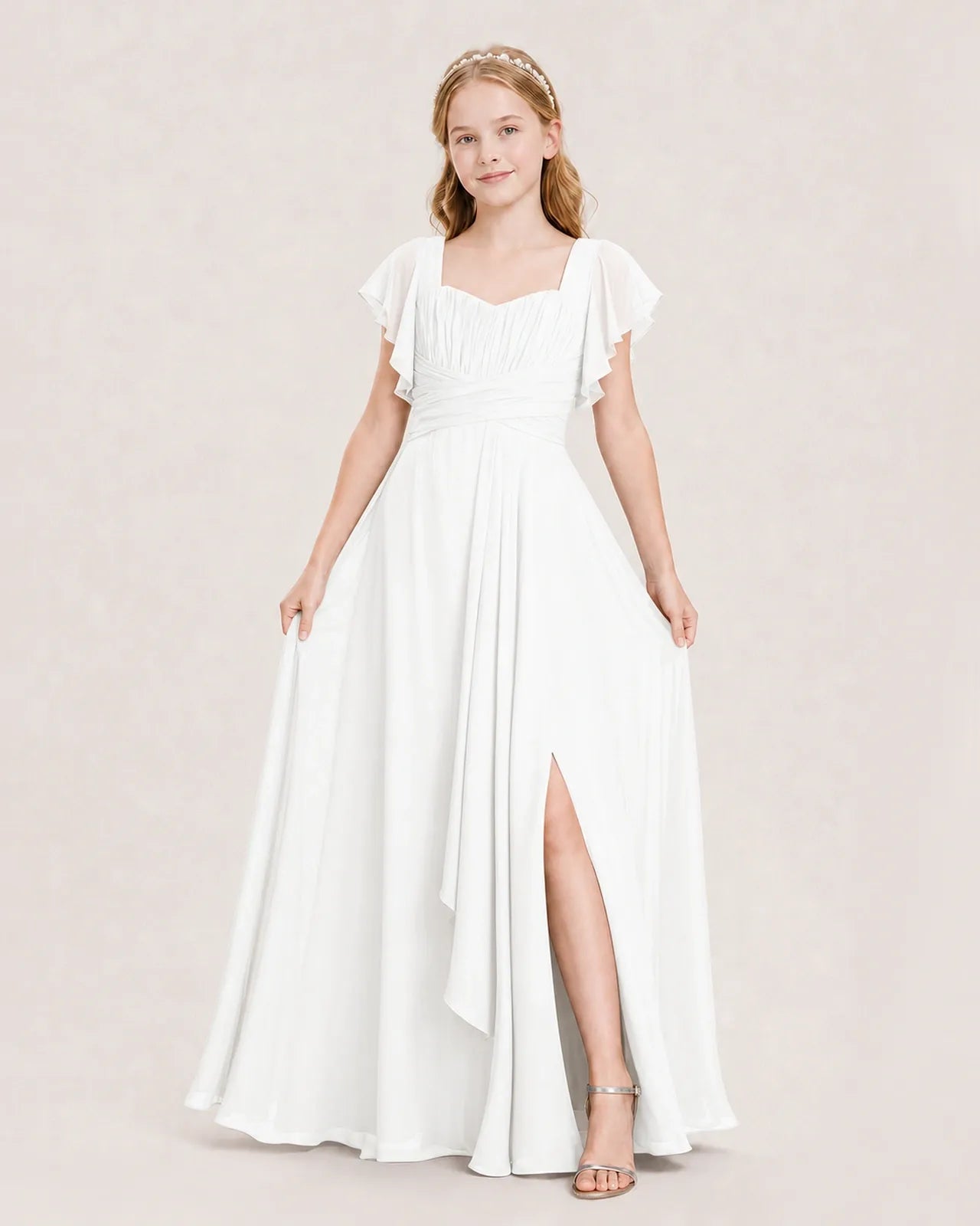 Ivory Chiffon A-Line Junior Bridesmaid Dress Front View