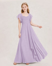 Dideyttawl Junior Bridesmaid Dress Sweetheart Neck Slit Chiffon Floor-Length Gown