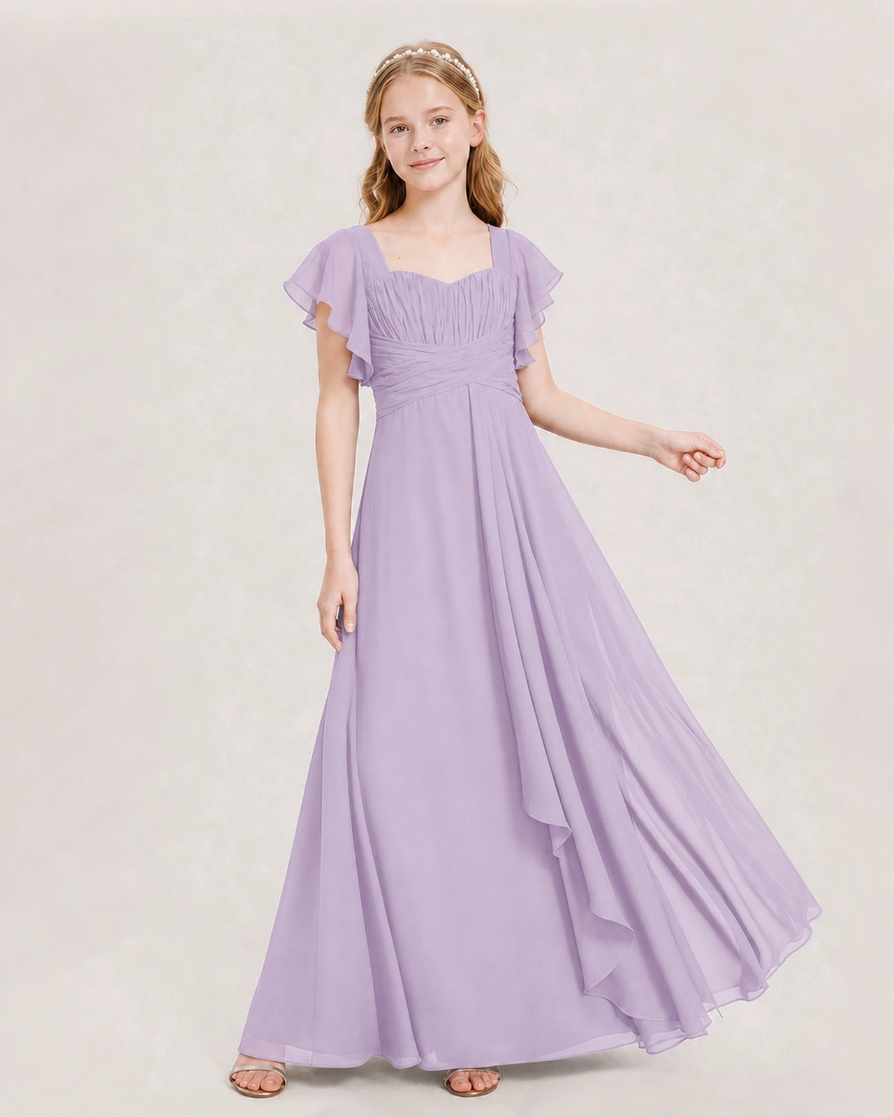 Dideyttawl Junior Bridesmaid Dress Sweetheart Neck Slit Chiffon Floor-Length Gown