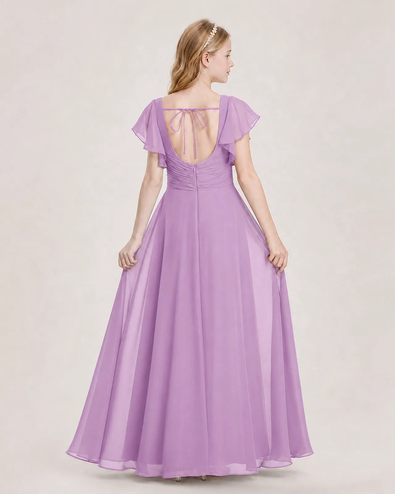 Lilac Chiffon A-Line Junior Bridesmaid Dress Back View