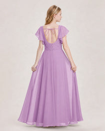 Dideyttawl Junior Bridesmaid Dress Sweetheart Neck Slit Chiffon Floor-Length Gown