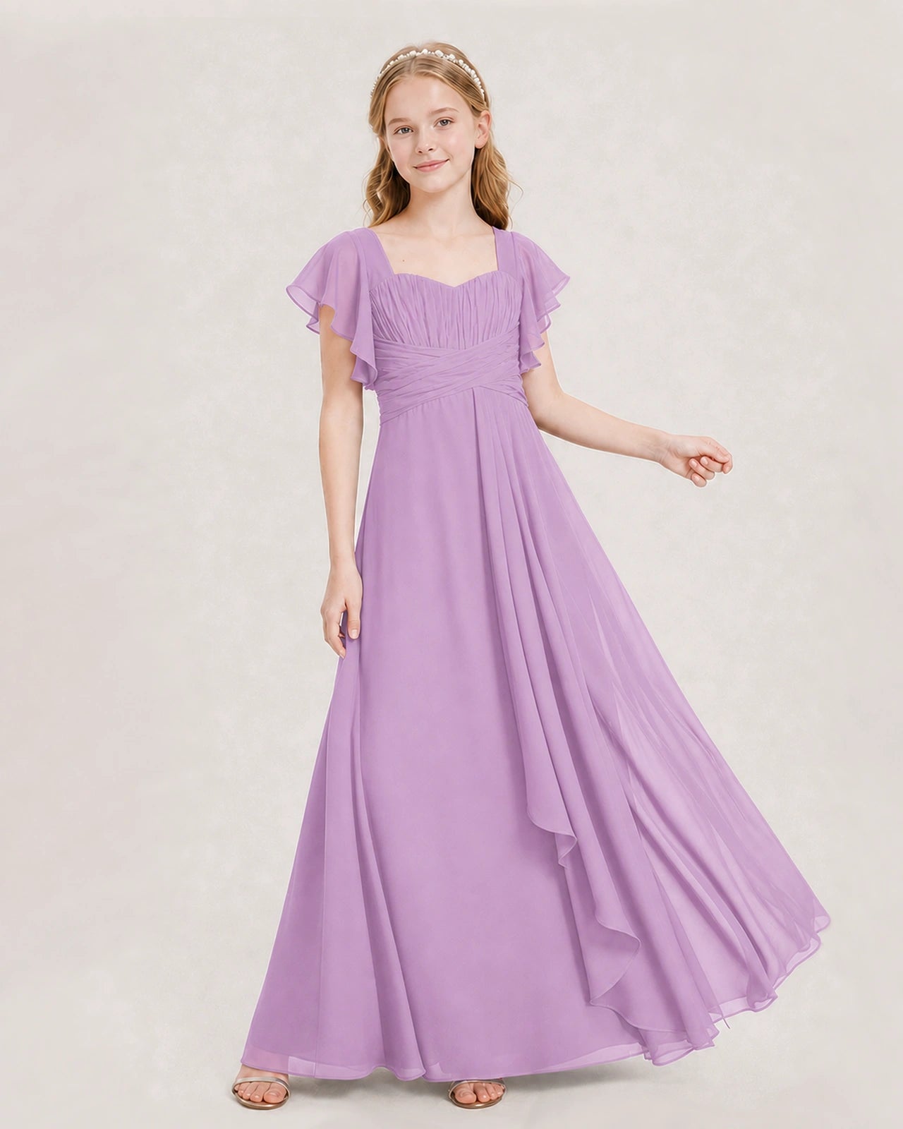Dideyttawl Junior Bridesmaid Dress Sweetheart Neck Slit Chiffon Floor-Length Gown