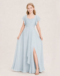 Dideyttawl Junior Bridesmaid Dress Sweetheart Neck Slit Chiffon Floor-Length Gown