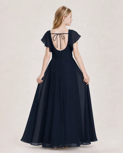 Navy Blue Chiffon A-Line Junior Bridesmaid Dress Back View
