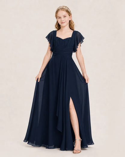 Navy Blue Chiffon A-Line Junior Bridesmaid Dress Front View