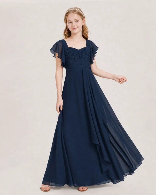 Navy Blue Chiffon A-line Junior Bridesmaid Dress Front View
