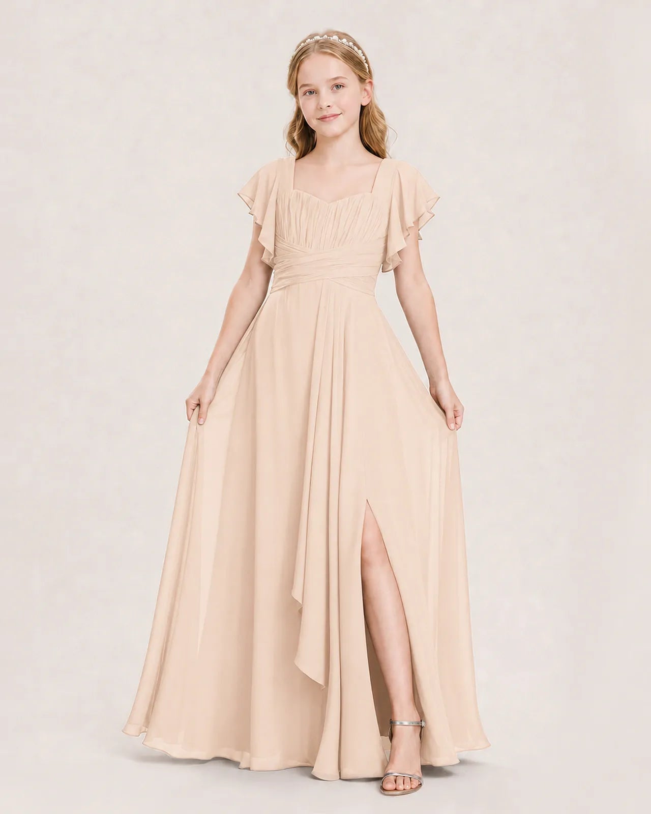 Peach Chiffon A-Line Junior Bridesmaid Dress Front View