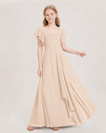 Dideyttawl Junior Bridesmaid Dress Sweetheart Neck Slit Chiffon Floor-Length Gown