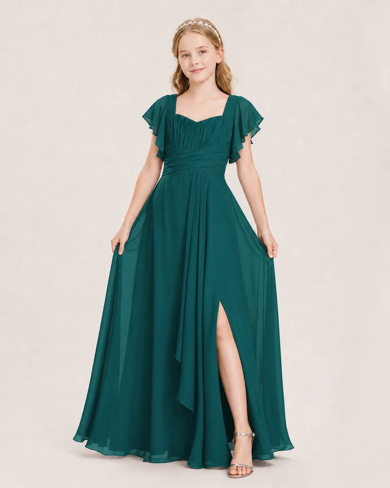 Peacock Chiffon A-Line Junior Bridesmaid Dress Front View