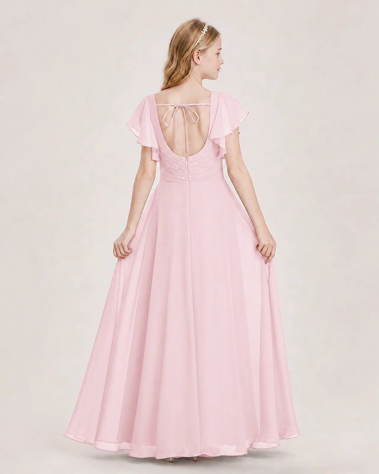 Pink Chiffon A-Line Junior Bridesmaid Dress Back View