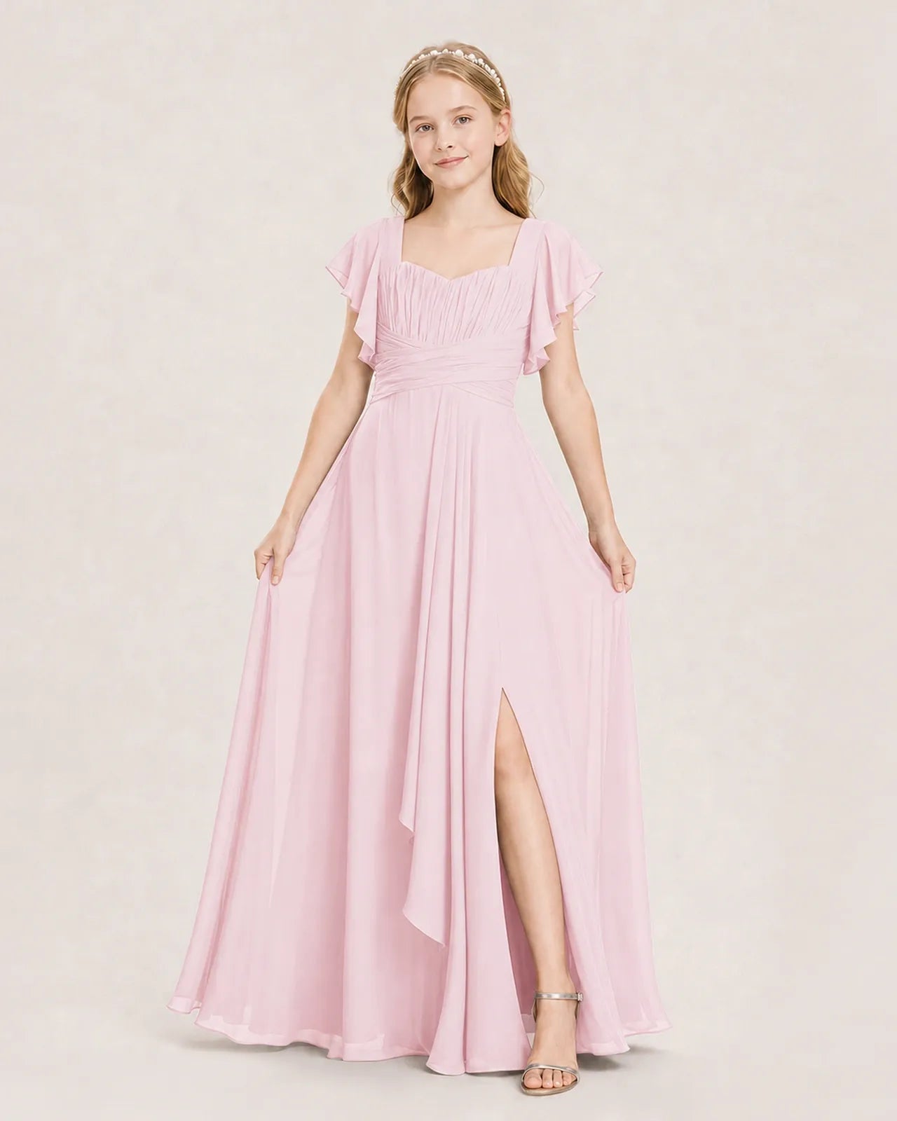 Pink Chiffon A-Line Junior Bridesmaid Dress Front View