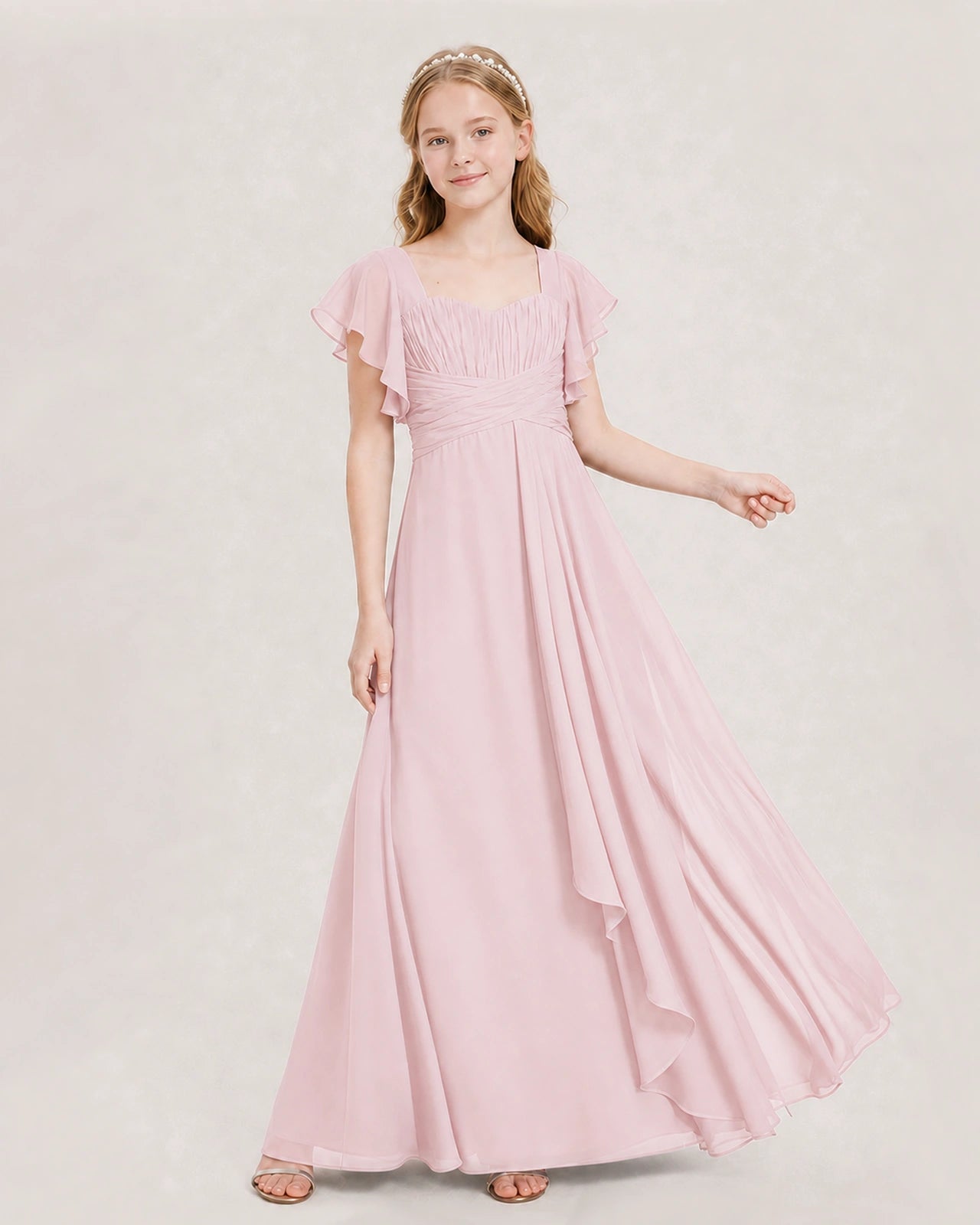 Dideyttawl Junior Bridesmaid Dress Sweetheart Neck Slit Chiffon Floor-Length Gown