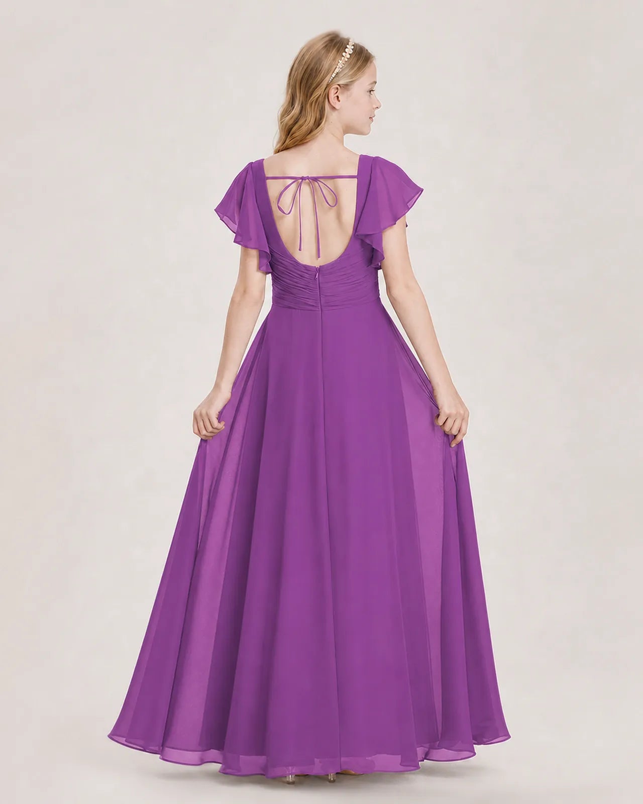 Purple Chiffon A-Line Junior Bridesmaid Dress Back View