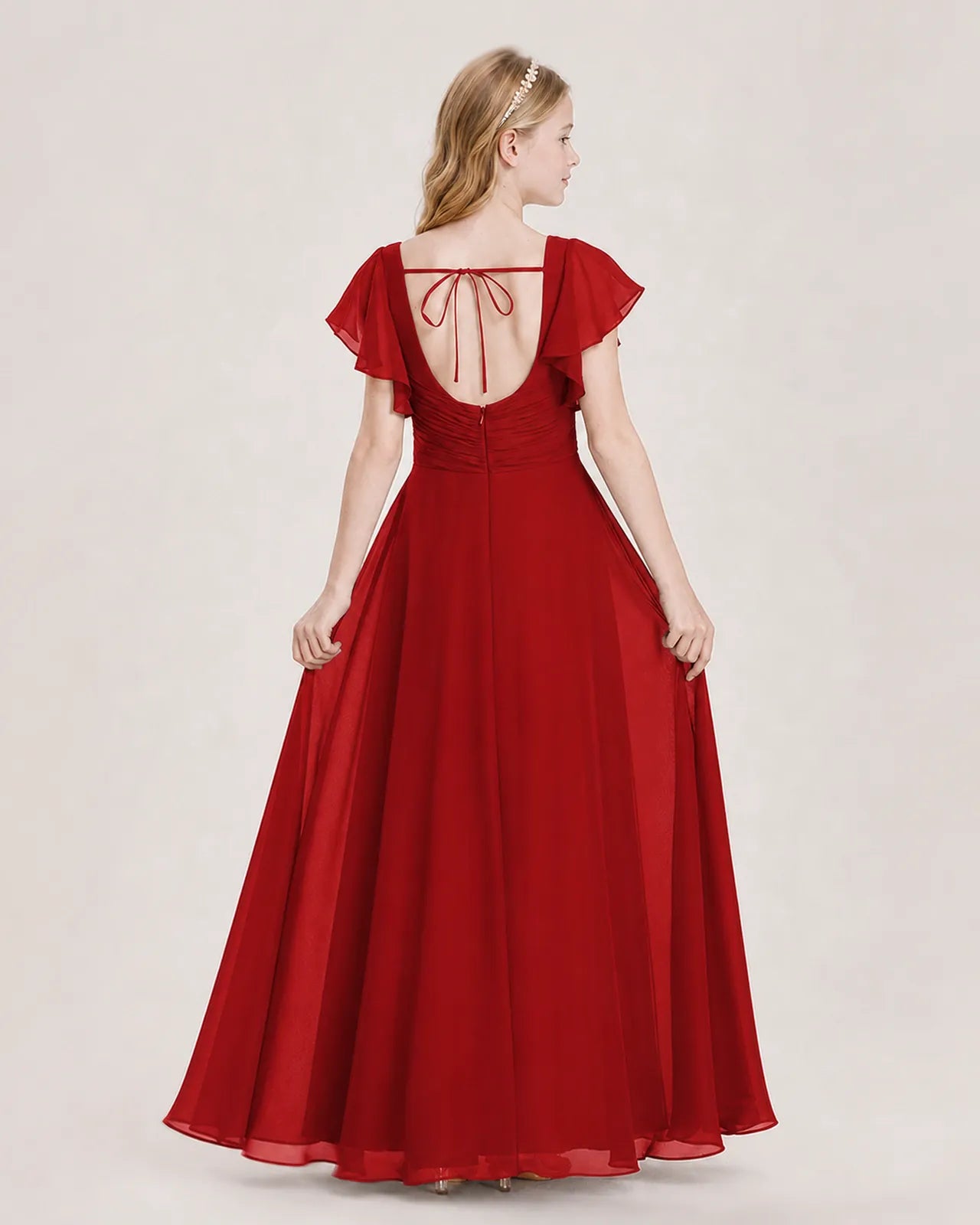 Red Chiffon A-Line Junior Bridesmaid Dress Back View