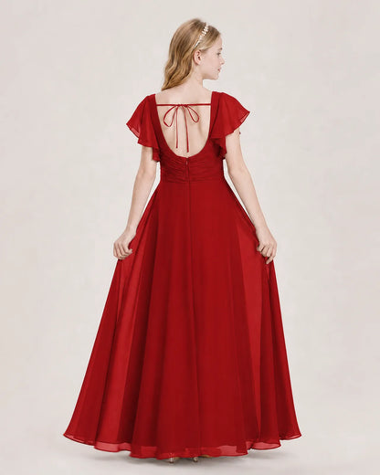 Red Chiffon A-Line Junior Bridesmaid Dress Back View