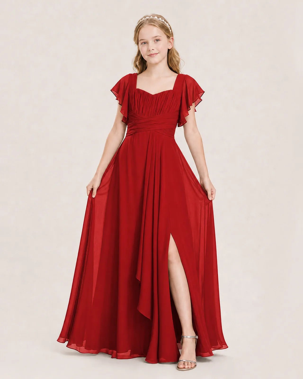 Red Chiffon A-Line Junior Bridesmaid Dress Front View