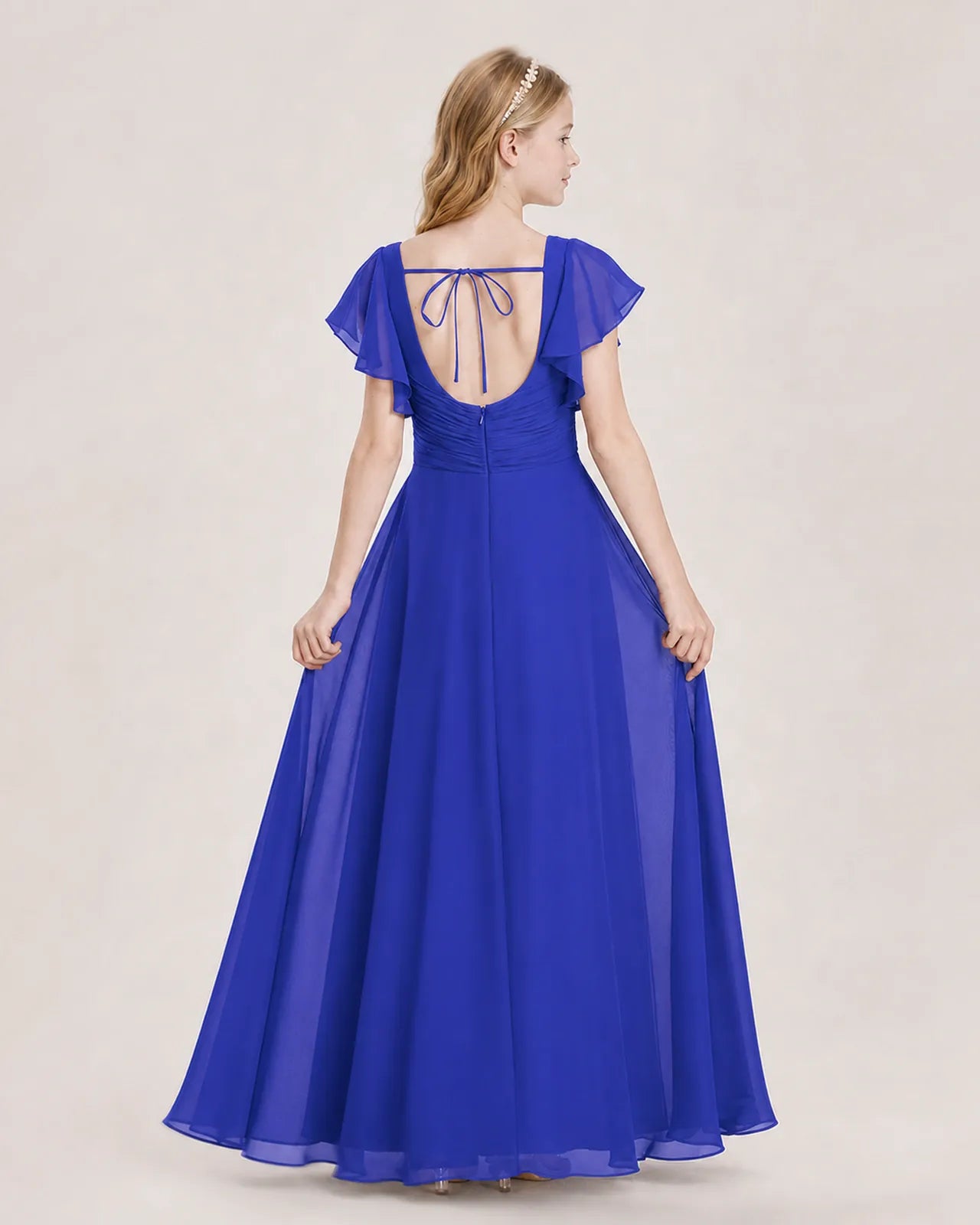 Royal Blue Chiffon A-Line Junior Bridesmaid Dress Back View