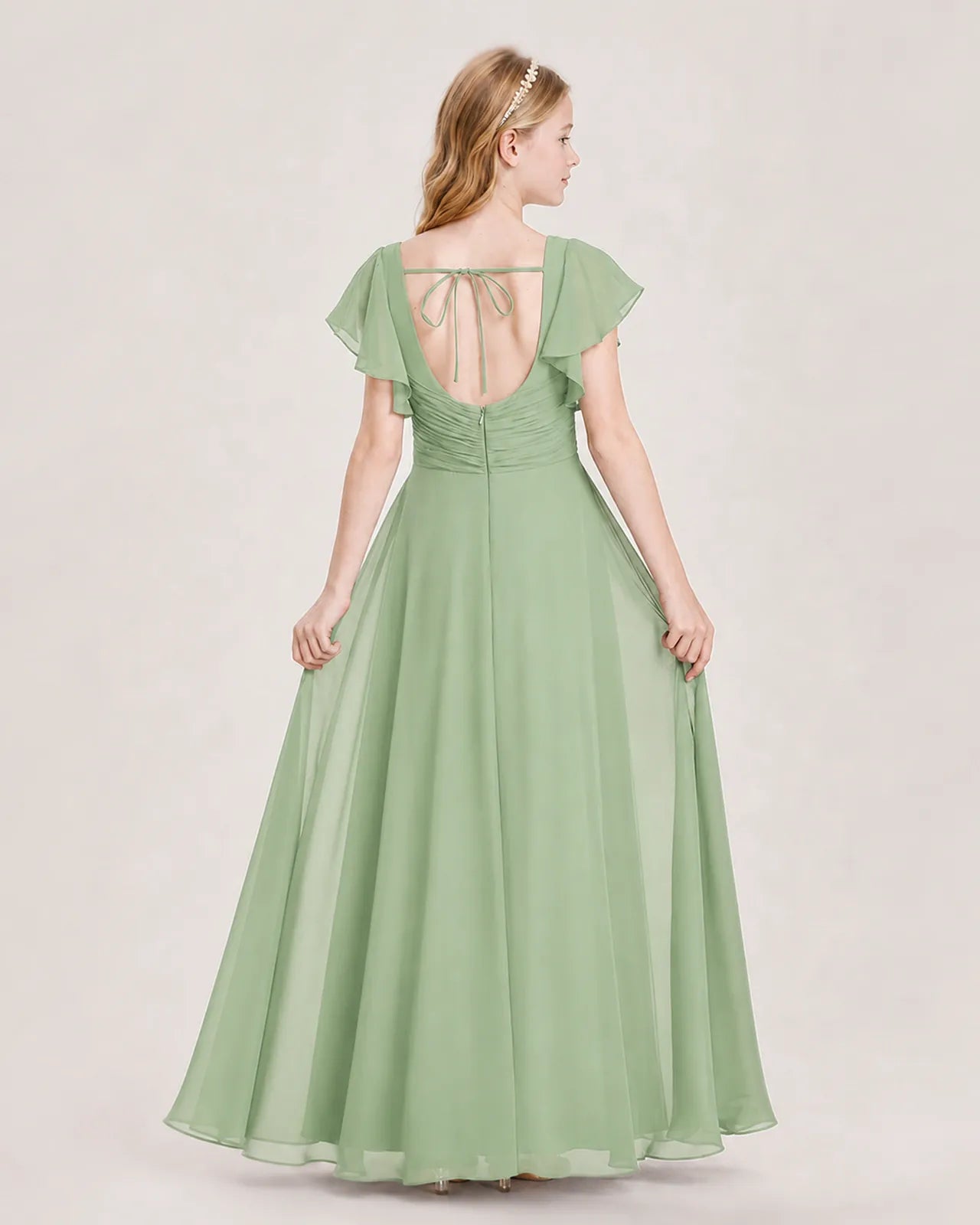 Sage Green Chiffon A-Line Junior Bridesmaid Dress Back View