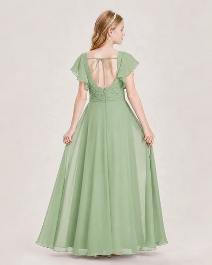Sage Green Chiffon A-Line Junior Bridesmaid Dress Back View