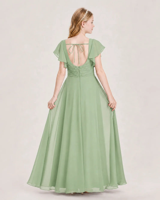 Sage Green Chiffon A-Line Junior Bridesmaid Dress Back View