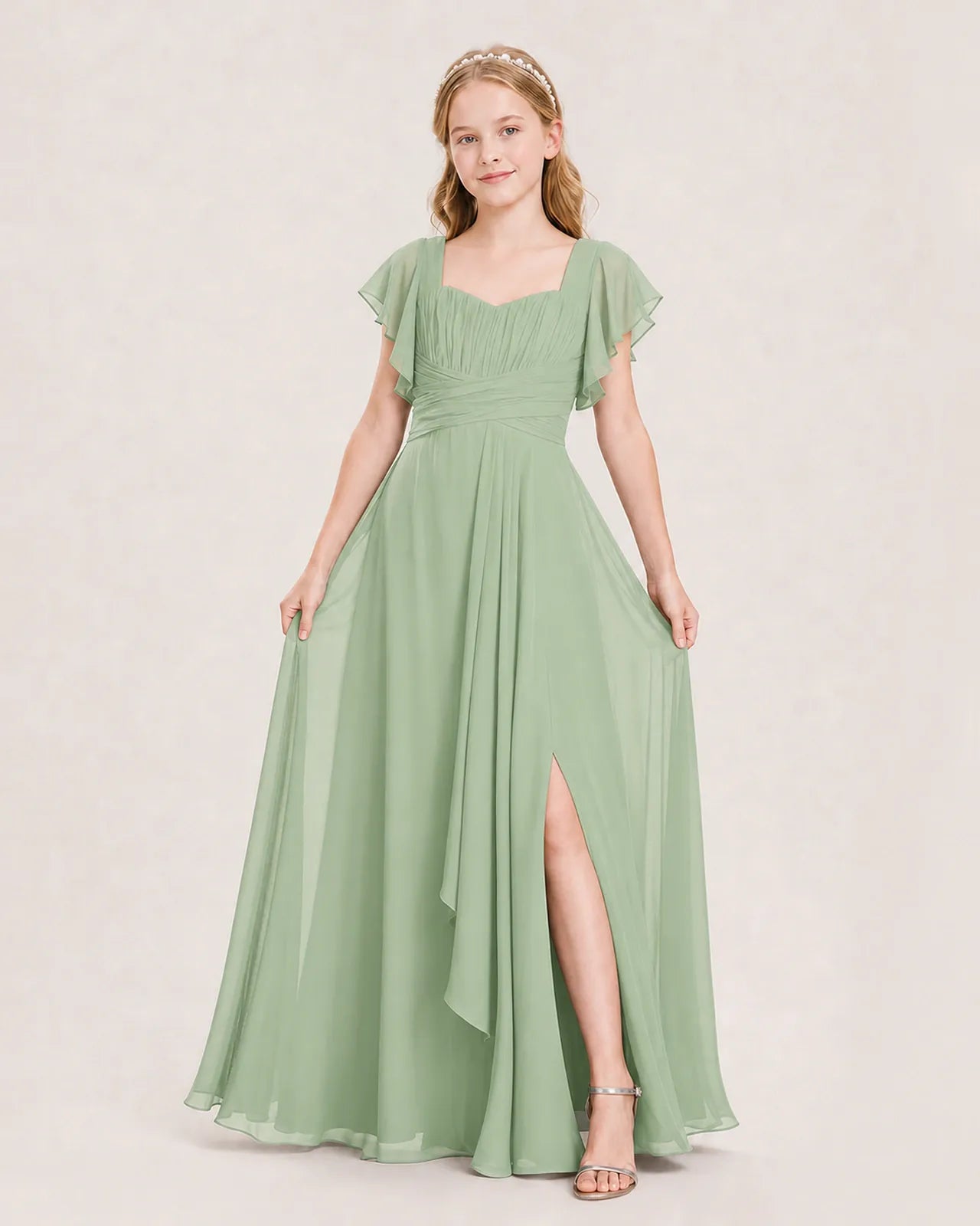 Sage Green Chiffon A-Line Junior Bridesmaid Dress Front View