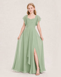 Dideyttawl Junior Bridesmaid Dress Sweetheart Neck Slit Chiffon Floor-Length Gown