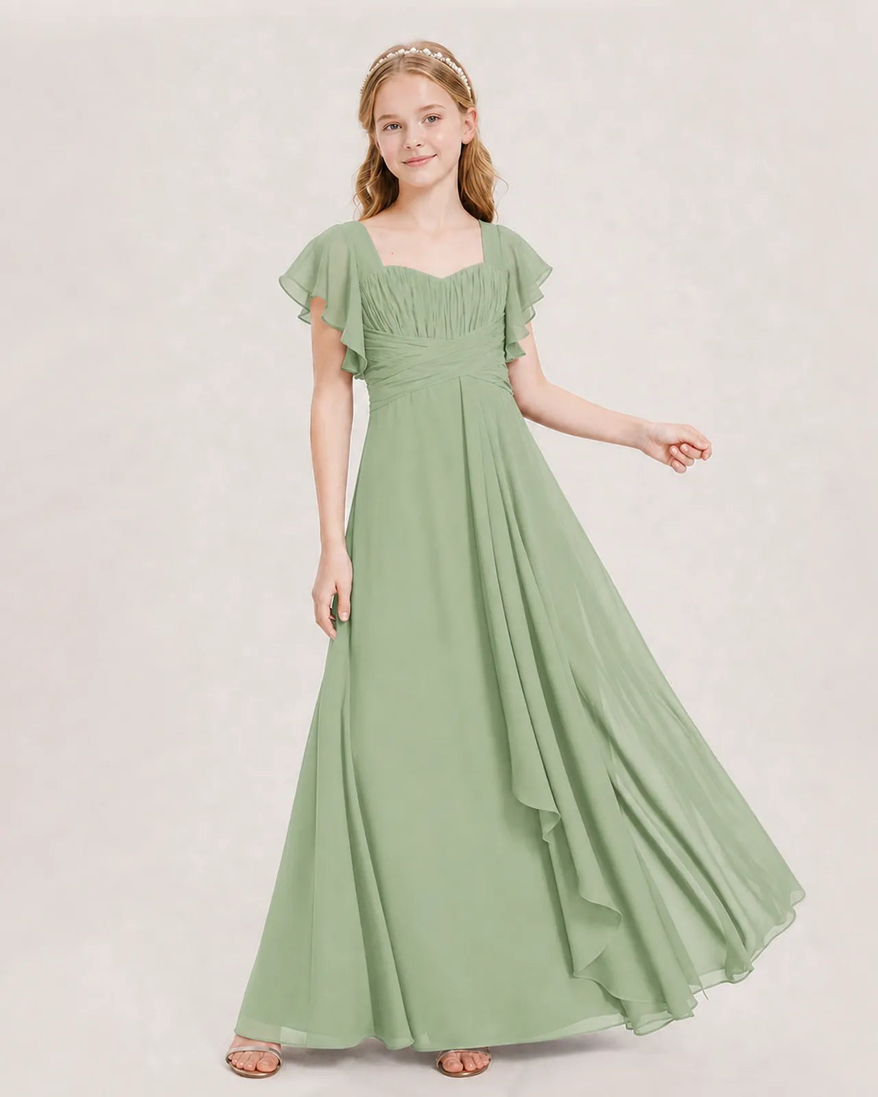 Sage Green Chiffon A-line Junior Bridesmaid Dress Front View