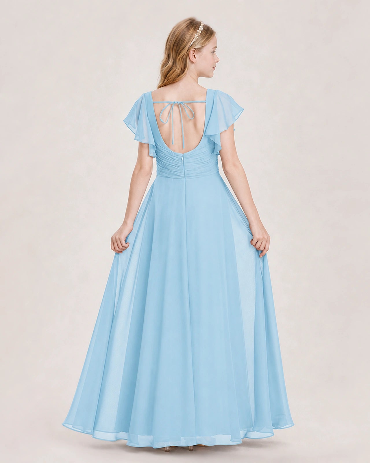 Dideyttawl Junior Bridesmaid Dress Sweetheart Neck Slit Chiffon Floor-Length Gown
