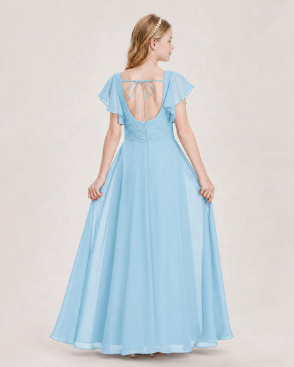 Sky Blue Chiffon A-Line Junior Bridesmaid Dress Back View