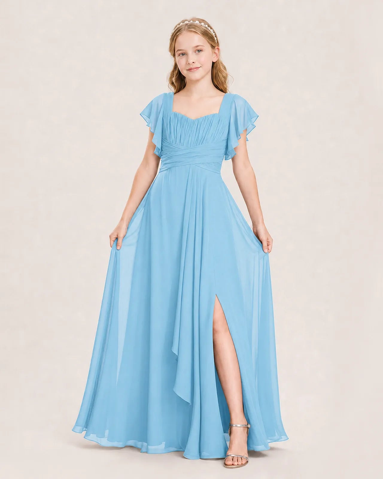 Sky Blue Chiffon A-Line Junior Bridesmaid Dress Front View