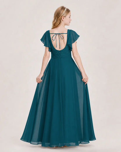 Teal Chiffon A-Line Junior Bridesmaid Dress Back View