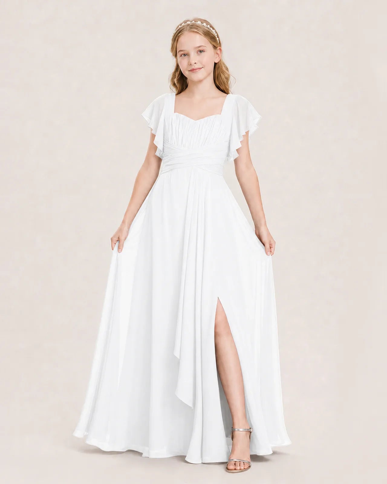 White Chiffon A-Line Junior Bridesmaid Dress Front View