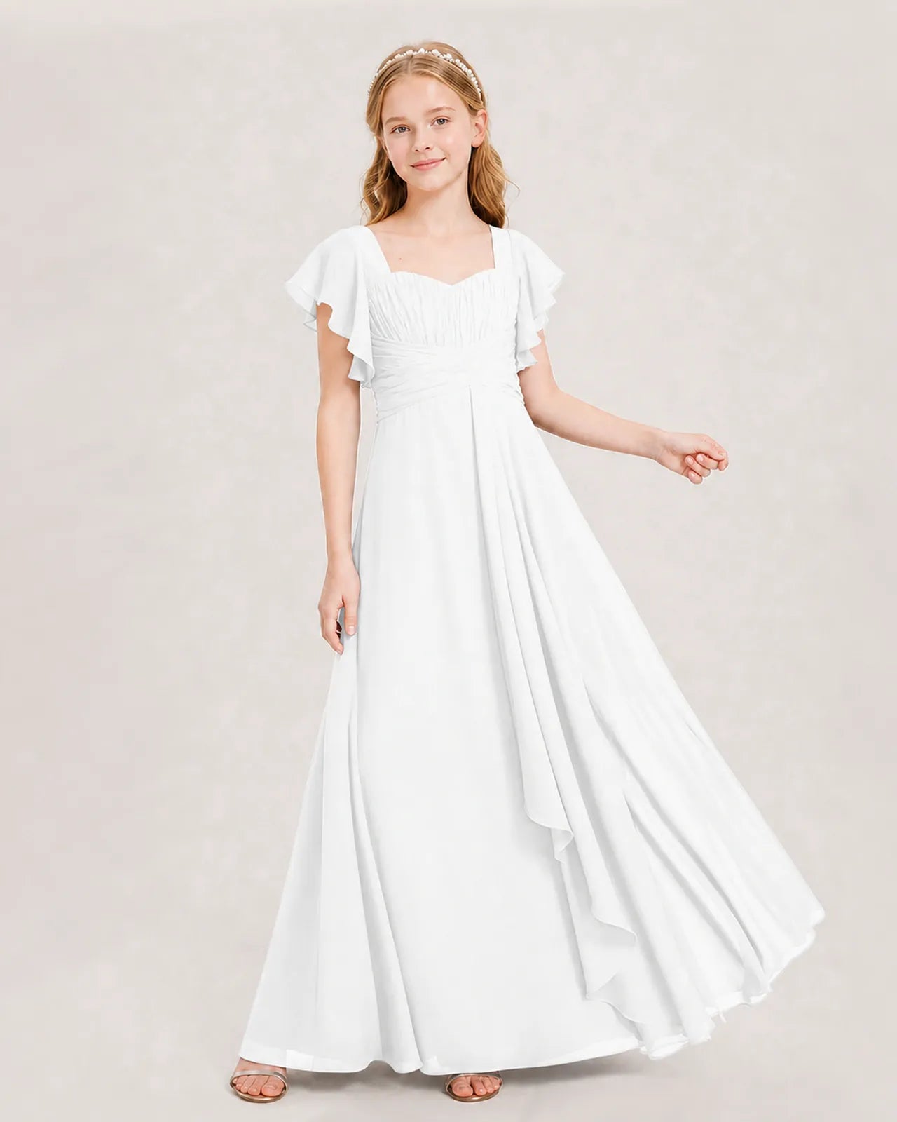 White Chiffon A-line Junior Bridesmaid Dress Front View