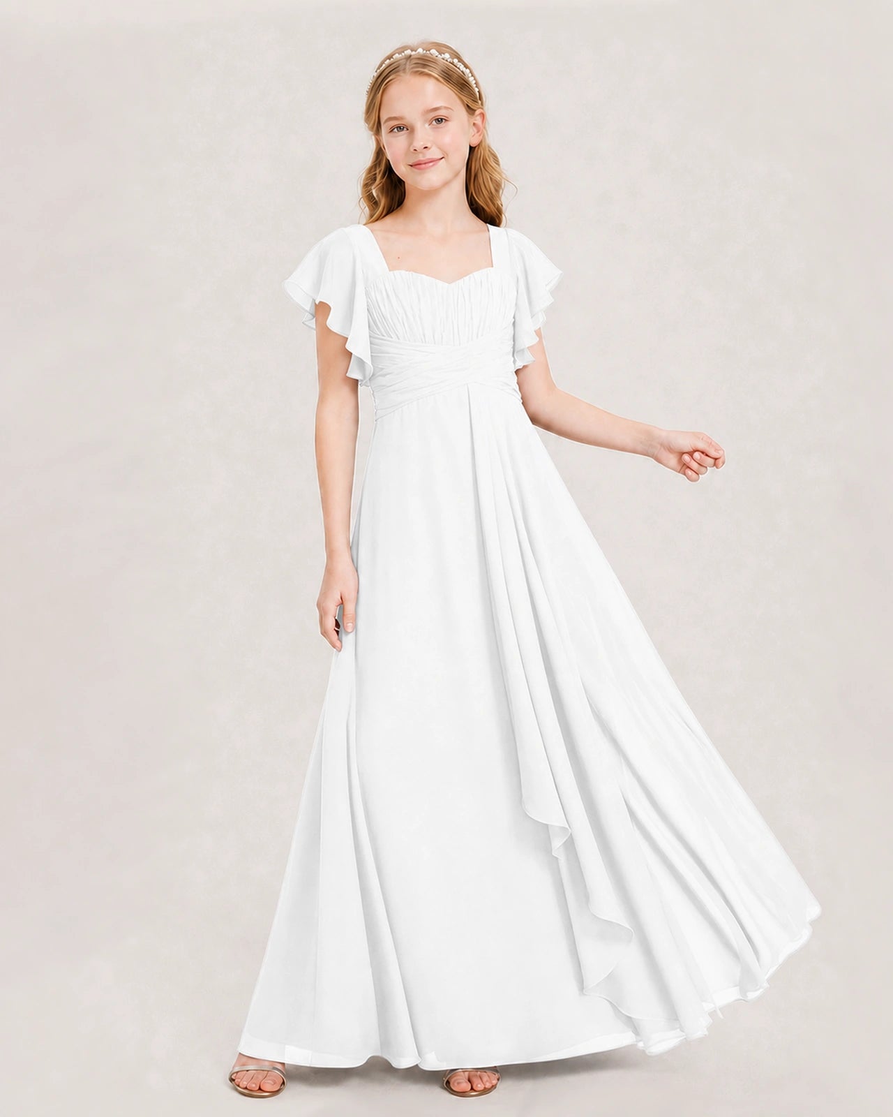 Dideyttawl Junior Bridesmaid Dress Sweetheart Neck Slit Chiffon Floor-Length Gown